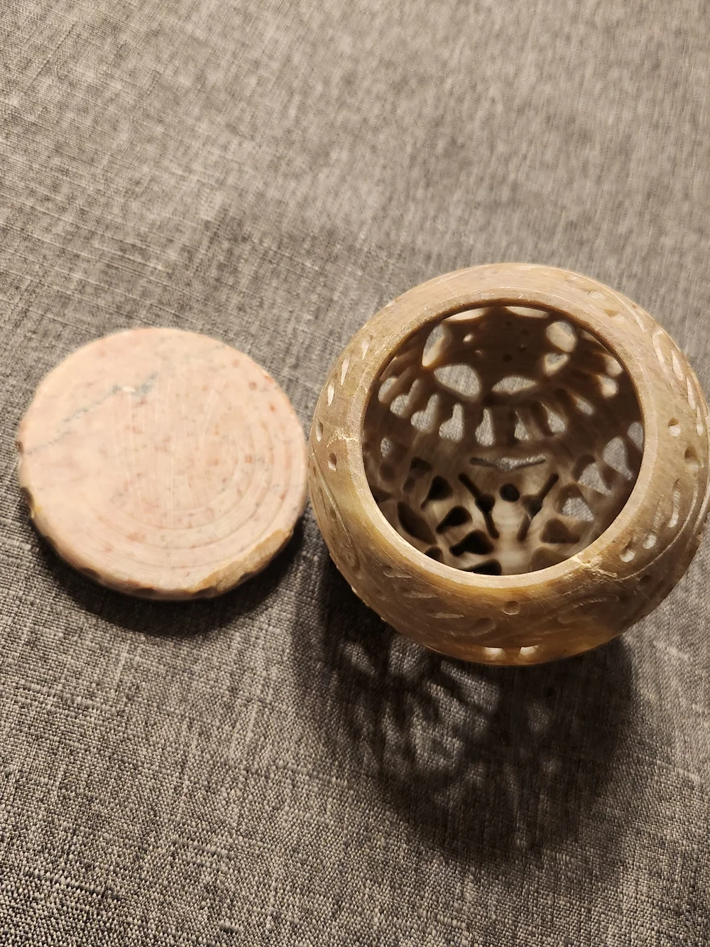 Handcrafted Carved Soapstone Tealight Holder With Floral Cutouts